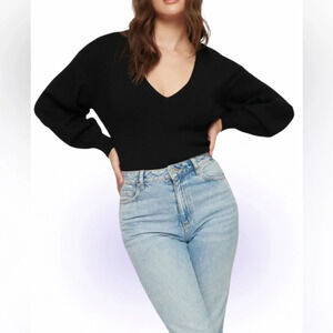 Dynamite black ribbed knit Luca puff sleeve V neck long sleeve  sweater Sz M